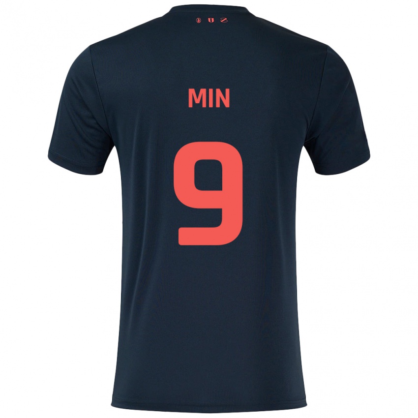 Mænd David Min #9 Sort Rød Udebane Spillertrøjer 2024/25 Trøje T-Shirt