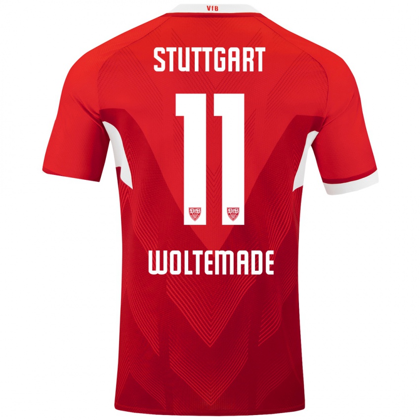 Mænd Nick Woltemade #11 Rød Hvid Udebane Spillertrøjer 2024/25 Trøje T-Shirt