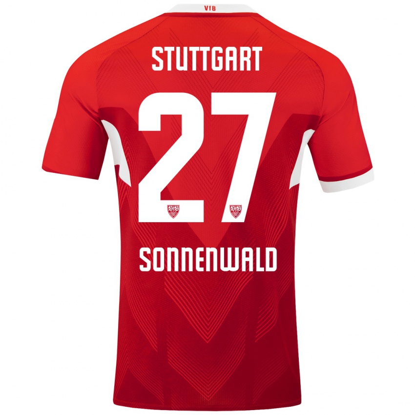 Mænd Lukas Sonnenwald #27 Rød Hvid Udebane Spillertrøjer 2024/25 Trøje T-Shirt