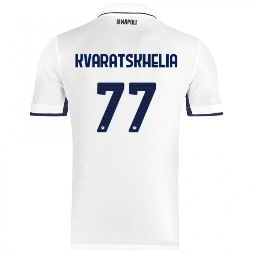 Kvinder Khvicha Kvaratskhelia #77 Hvid Kongeblå Udebane Spillertrøjer 2024/25 Trøje T-Shirt