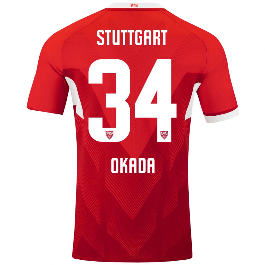 Kvinder Rei Okada #34 Rød Hvid Udebane Spillertrøjer 2024/25 Trøje T-Shirt