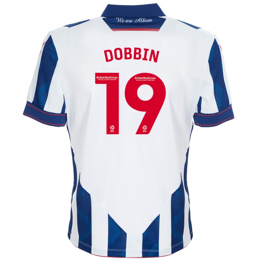 Børn Lewis Dobbin #19 Hvid Mørkeblå Hjemmebane Spillertrøjer 2024/25 Trøje T-Shirt