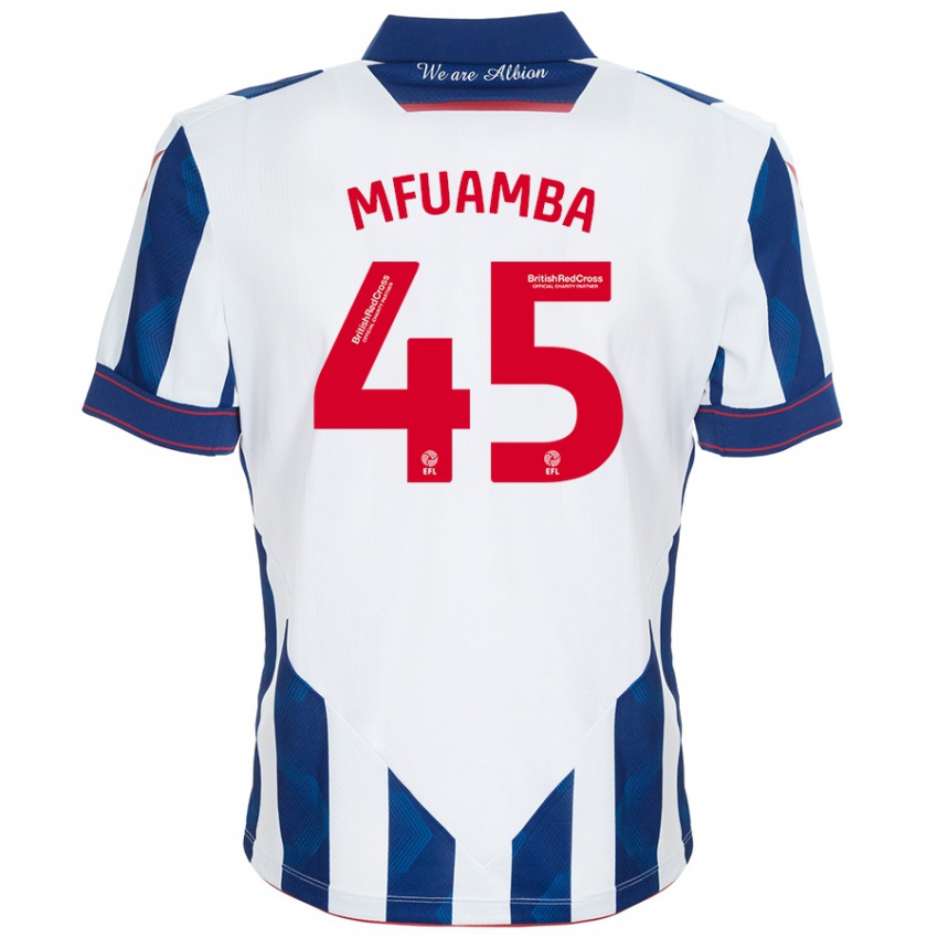 Børn Kevin Mfuamba #45 Hvid Mørkeblå Hjemmebane Spillertrøjer 2024/25 Trøje T-Shirt