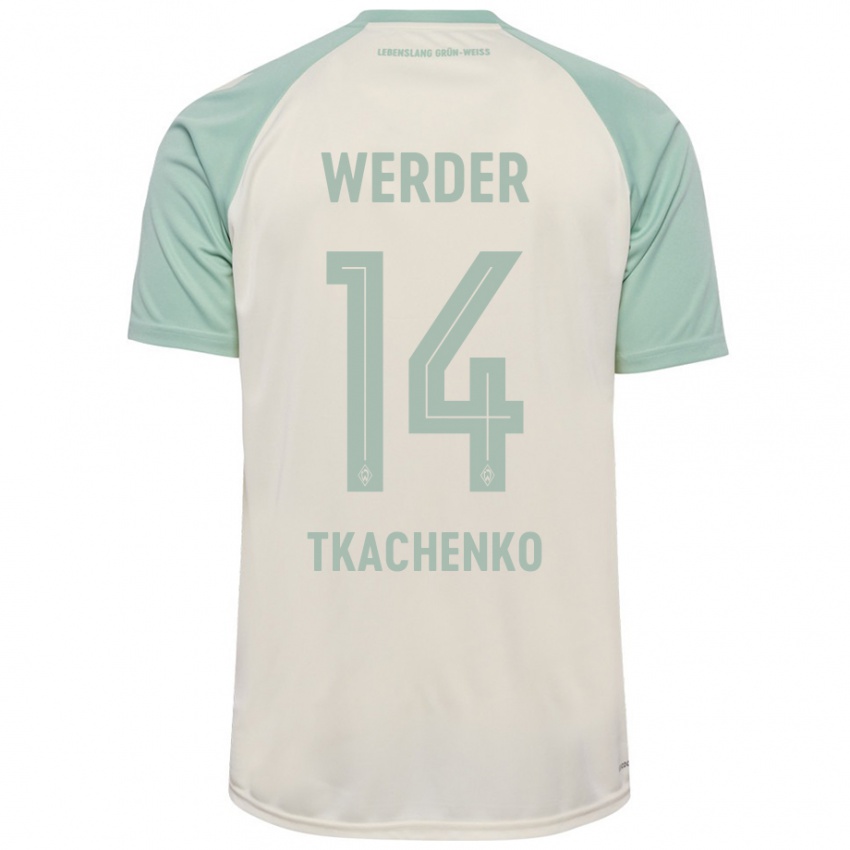 Børn Oleksandr Tkachenko #14 Råhvid Lysegrøn Udebane Spillertrøjer 2024/25 Trøje T-Shirt