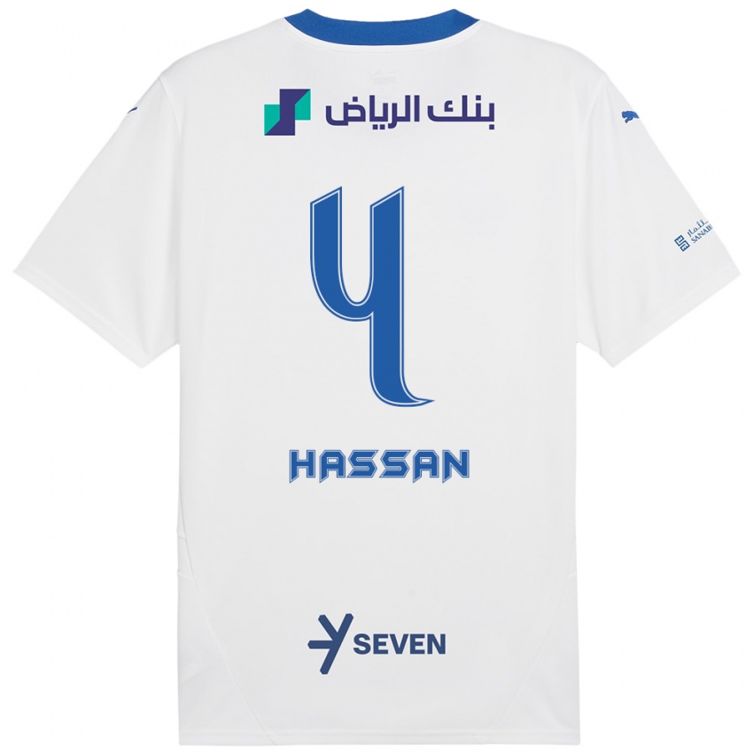 Børn Eman Hassan #4 Hvid Blå Udebane Spillertrøjer 2024/25 Trøje T-Shirt