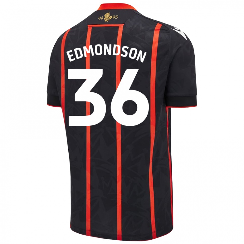 Børn James Edmondson #36 Sort Rød Udebane Spillertrøjer 2024/25 Trøje T-Shirt